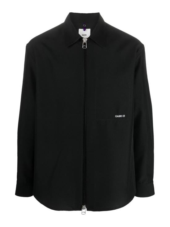 Oamc Long-Sleeve Black Shirt With Front Zipper Closure And Classic Collar
