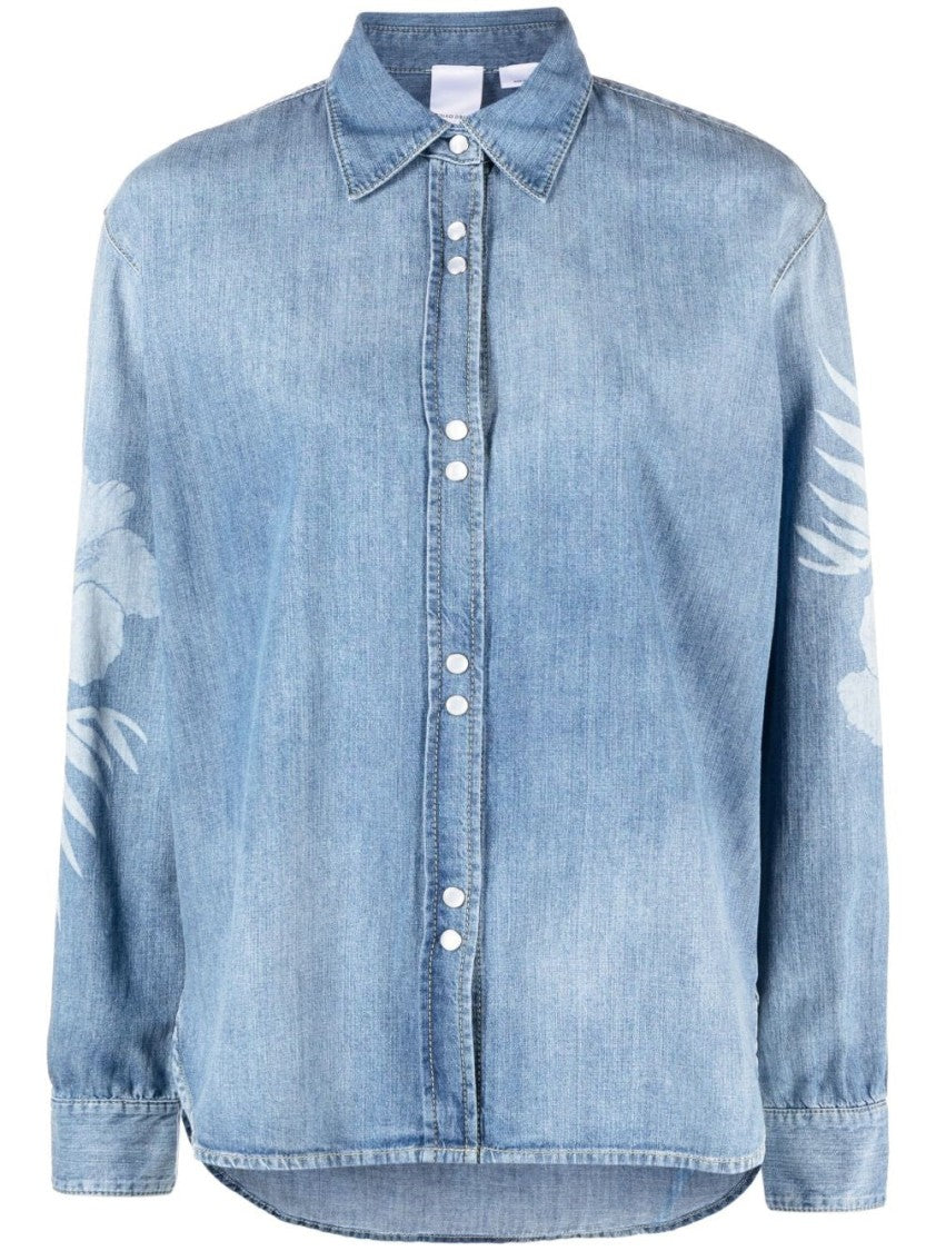 Pinko Denim Shirt With Classic Collar And Floral Accents