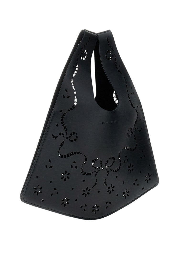 Simone Rocha Black Mini Laser-Cut Floral Leather Shopper Bag