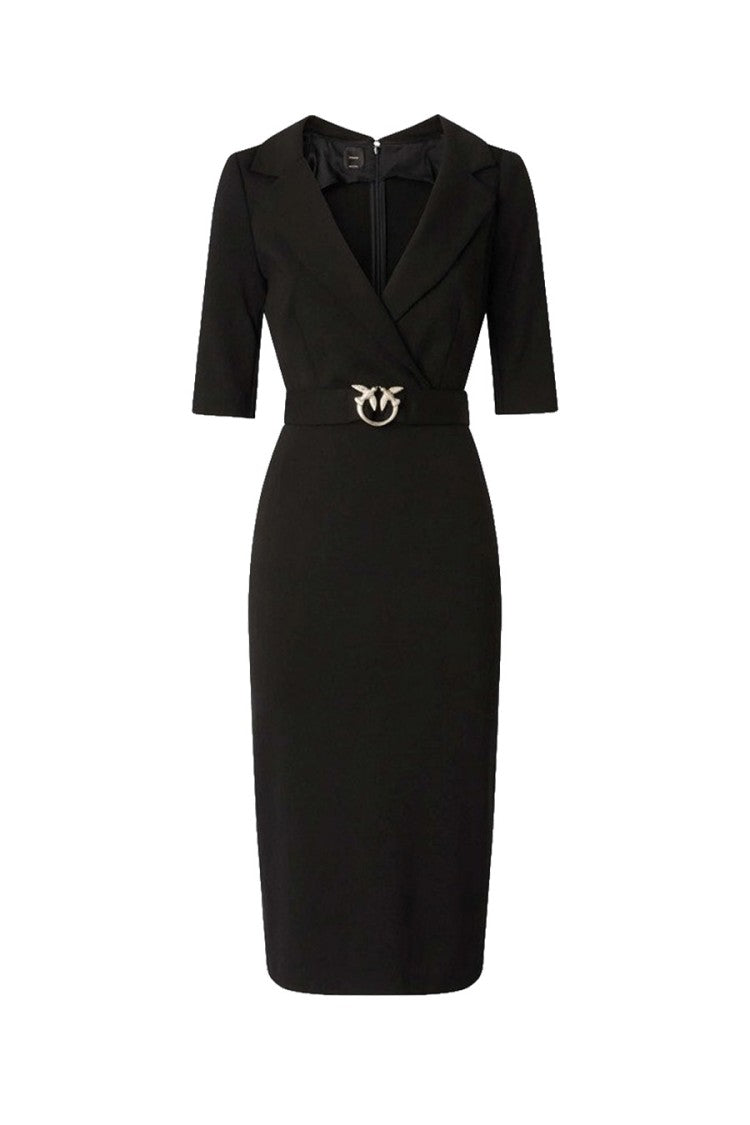 Pinko Black Viscose-Nylon Blend Buckle-Belt Wrap Dress