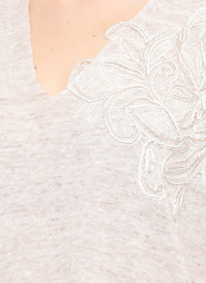 D. Exterior Beige Lace Linen-Blend V-Neck Short-Sleeved Top
