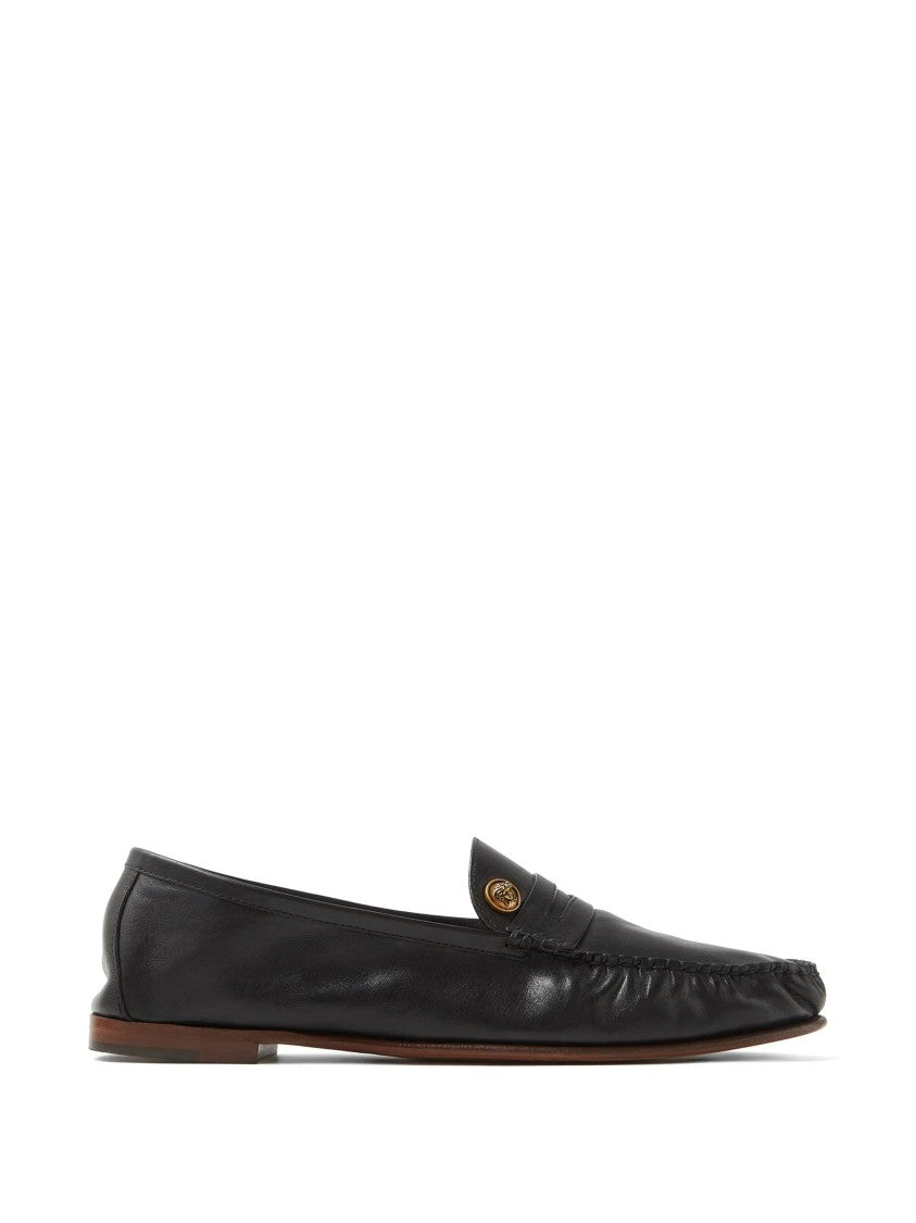 Versace Slip-On Loafers In Smooth Black Leather With Gold Emblem
