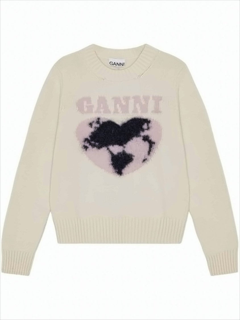 Ganni Heart Motif Knit Sweater In Creamy Tone