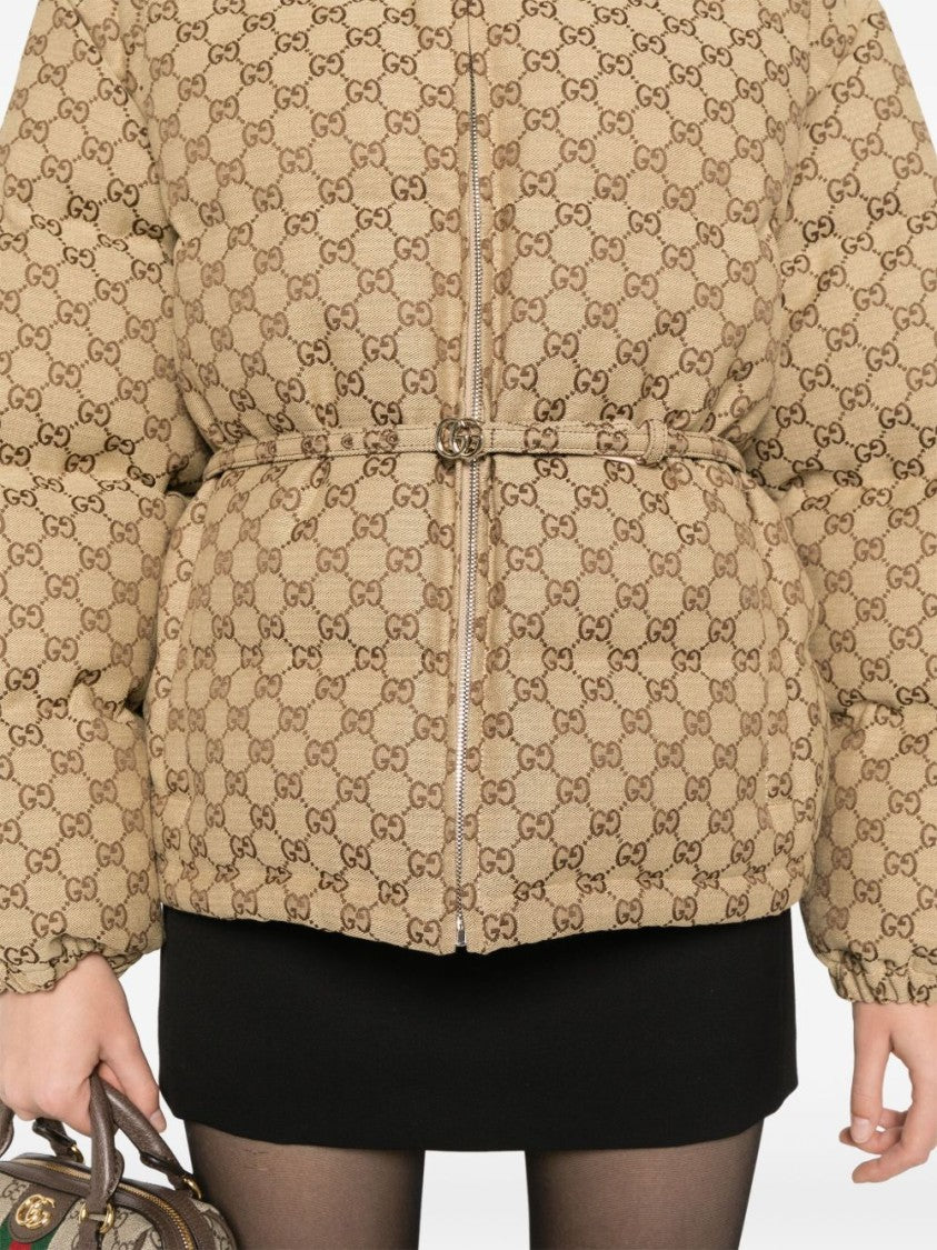Gucci Beige Quilted Gg Pattern Slim Belt Coat
