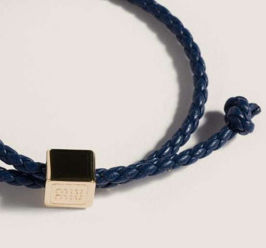 Miu Miu Braided Lambskin Bracelet With Square Metallic Charm