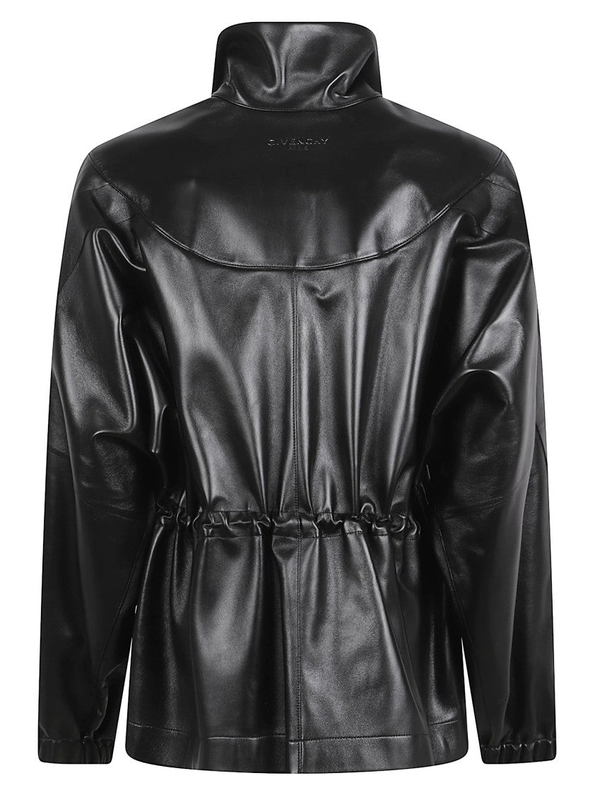 Givenchy Sleek Black Leather Coat With High Collar And Embossed Detailing
