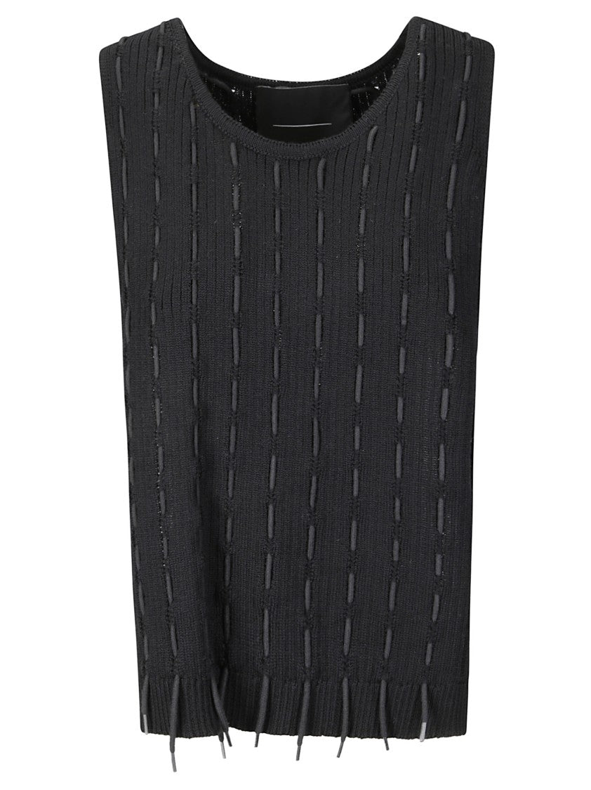 Institution Sleeveless Black Wool Top With String Inserts