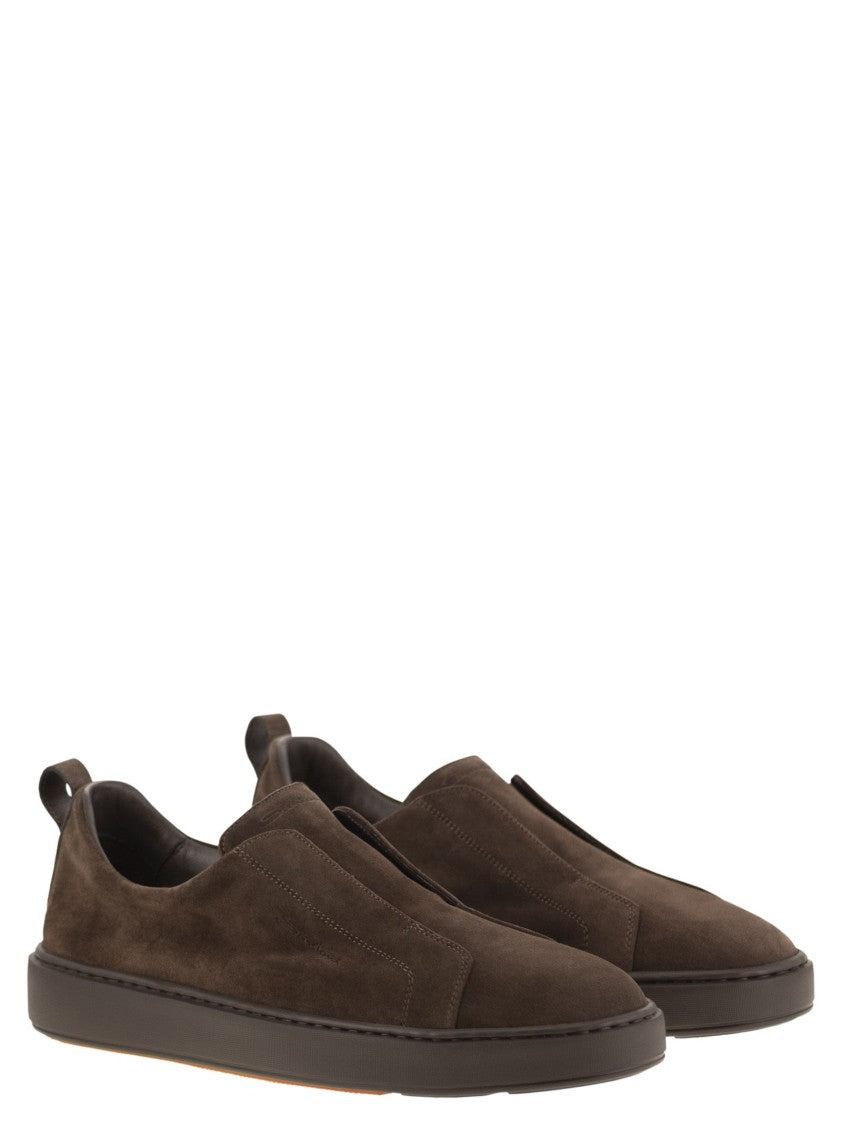Santoni Suede Slip-On Trainer With Double Buckle Decoration