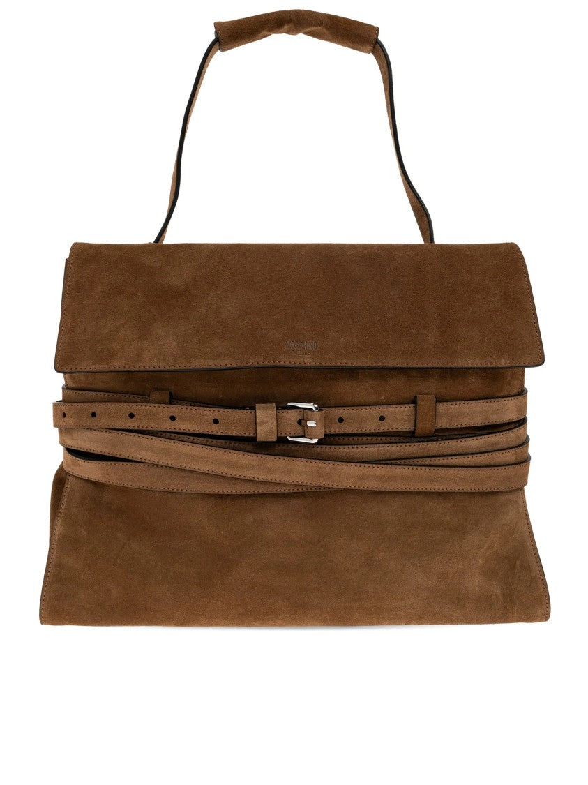 Moschino Brown Large Rectangular Suede Handbag With Belts