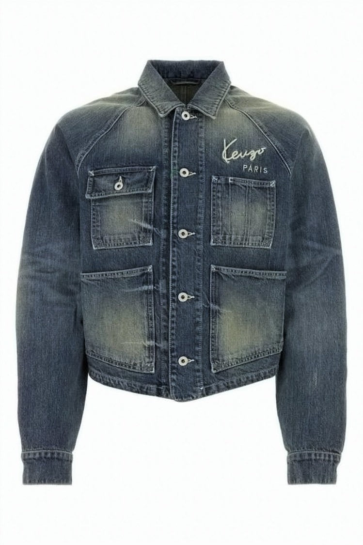 Kenzo Cropped Denim Jacket With Vintage Wash And Signature Logo