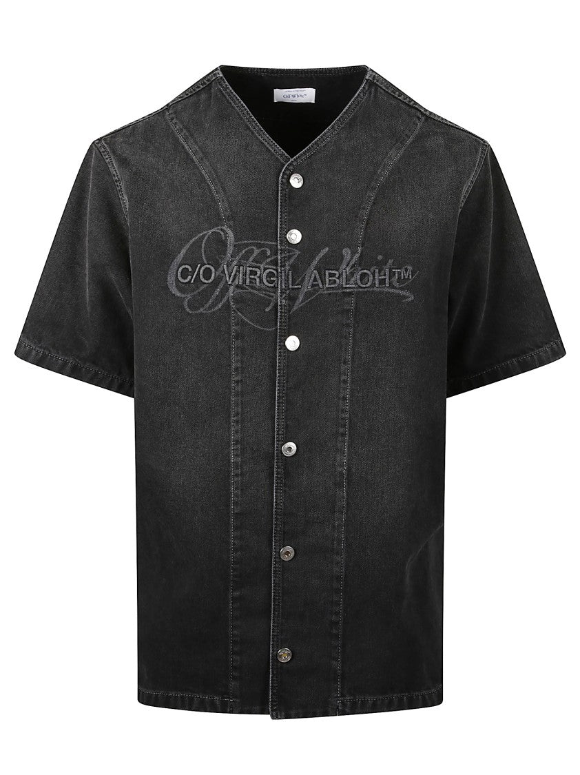 Off-White Short-Sleeved Denim Shirt With V-Neckline