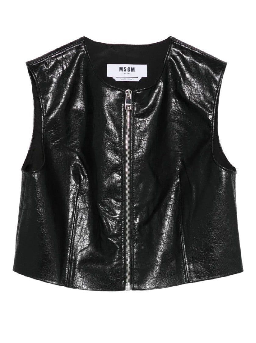 Msgm Textured Black Faux Leather Sleeveless Top With Front Zipper