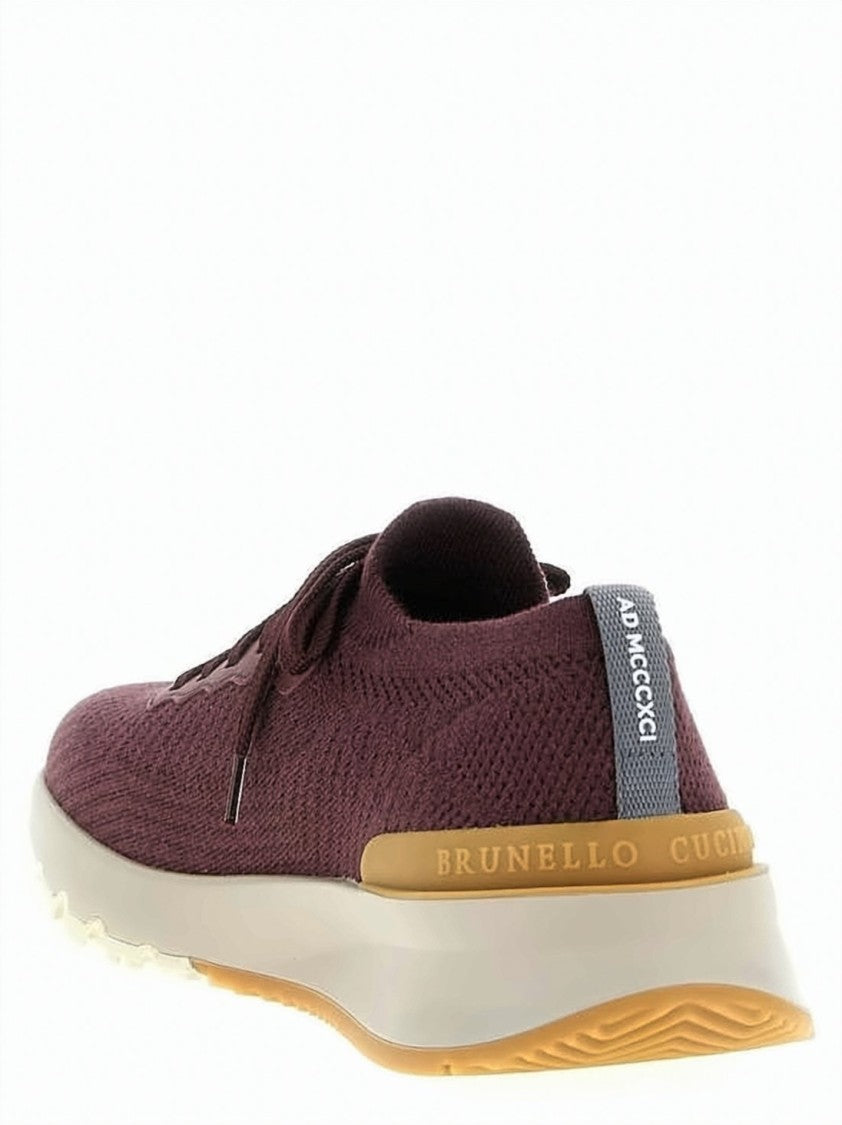 Brunello Cucinelli Seamless Knit Burgundy Sneakers With Calfskin Detailing