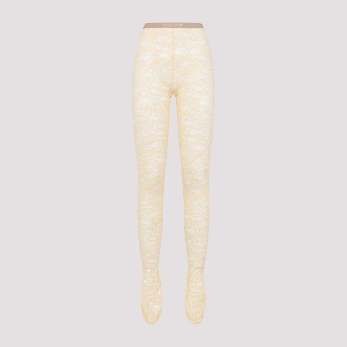 Valentino Beige Floral Lace Tights With Logo Waistband