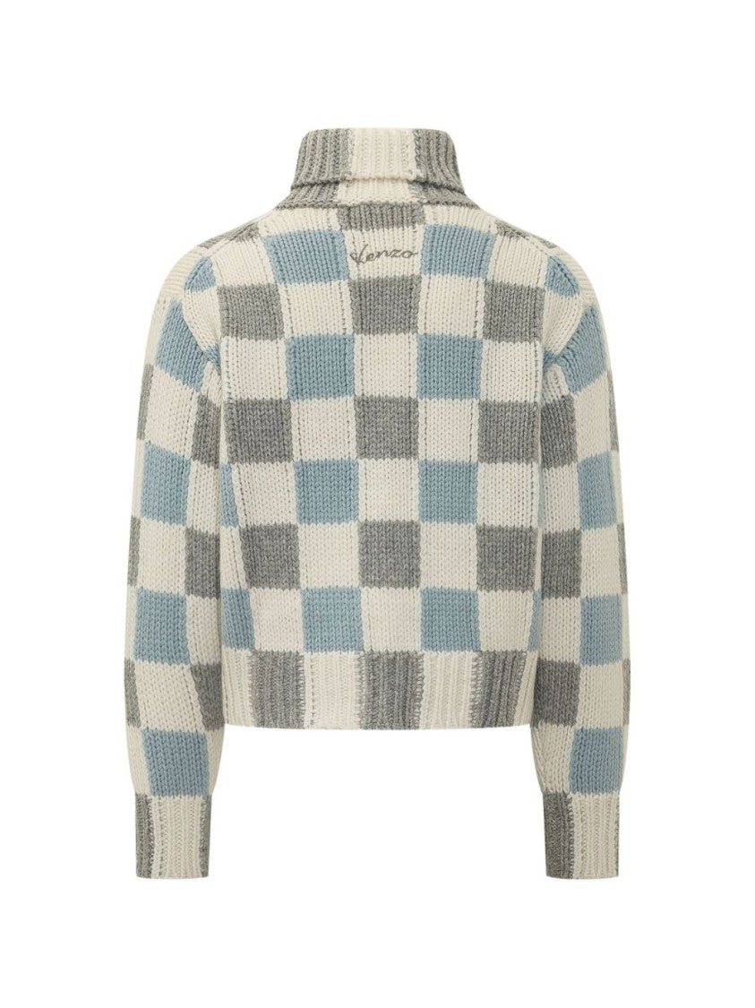 Kenzo Checkered Knit Sweater With High Turtleneck And Ribbed Details