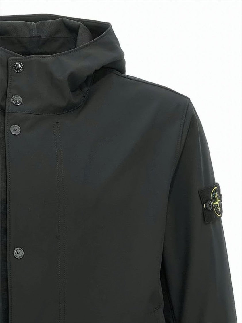 Stone Island Hooded Black Jacket With Button Closure
