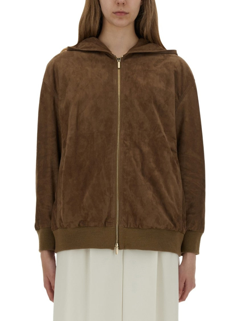 Max Mara Lamb Leather Jacket With Attached Hood And Front Zipper