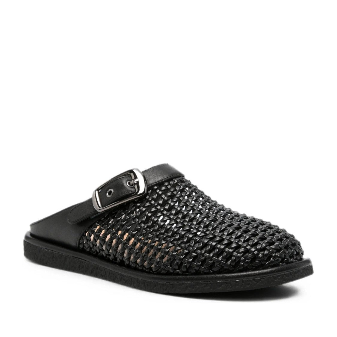 Adrianna Feretti Black Woven Adjustable Strap Leather Mules