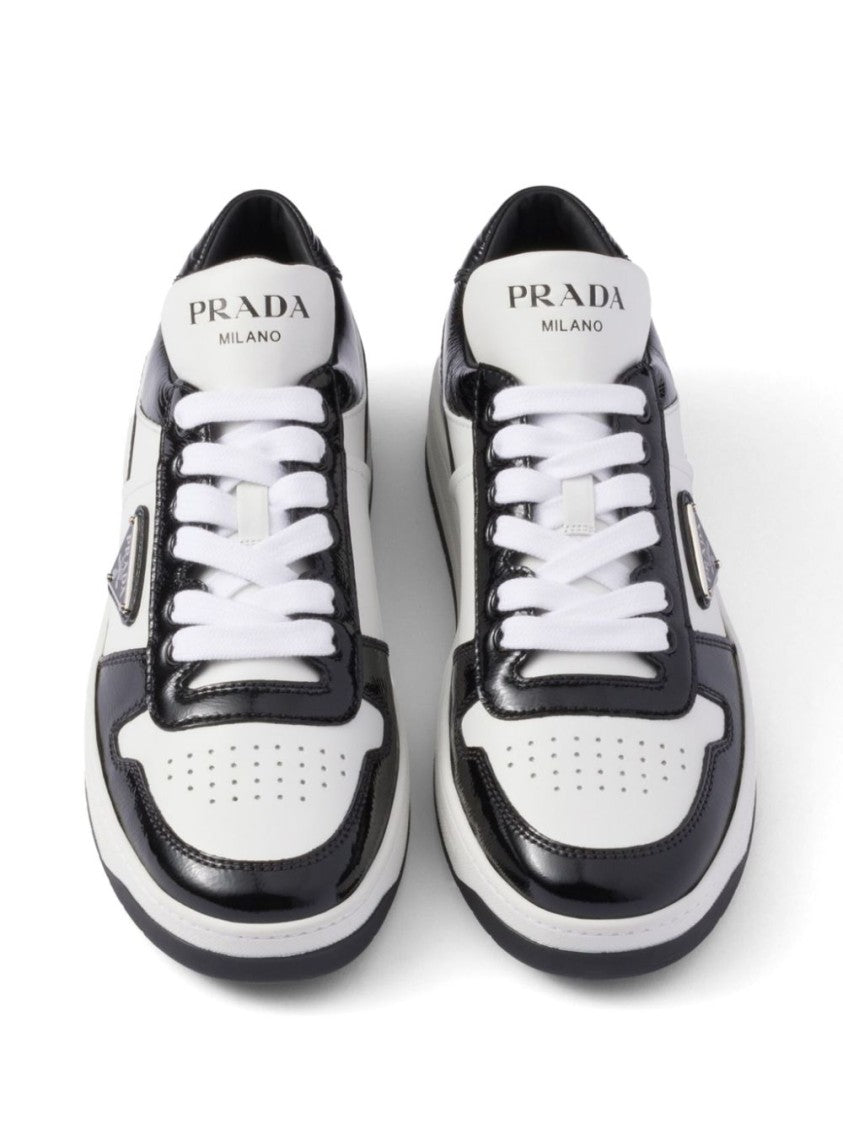 Prada Leather Downtown Sneakers With Enamel Triangle Logo