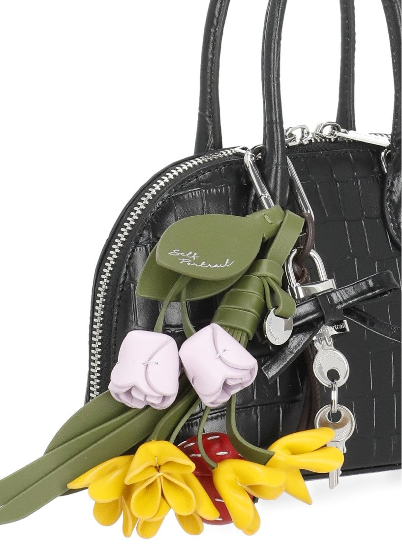 Self-Portrait Textured Black Crocodile-Embossed Handbag With Dual Cursors And Charms