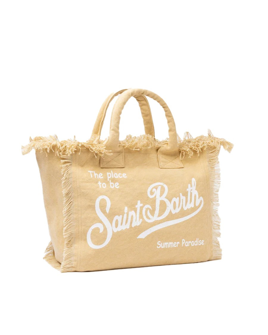 Mc2 Saint Barth Cotton Canvas Tote Bag With Fringed Edges And Printed Logo