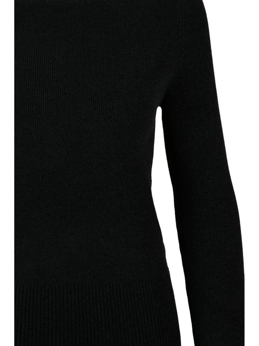 Patrizia Pepe Chenille Black Pullover With Boat Neck Design And Ribbed Detailing