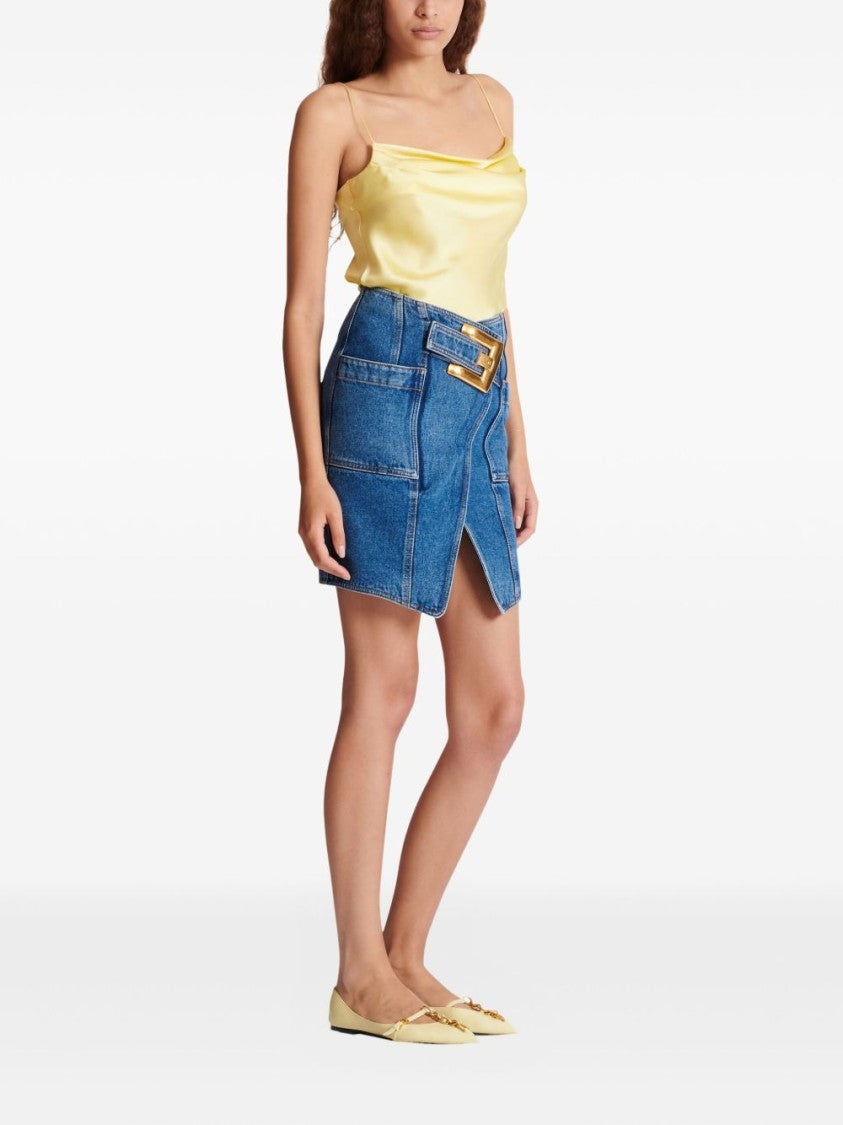 Balmain Structured Denim Buckle Mini Skirt
