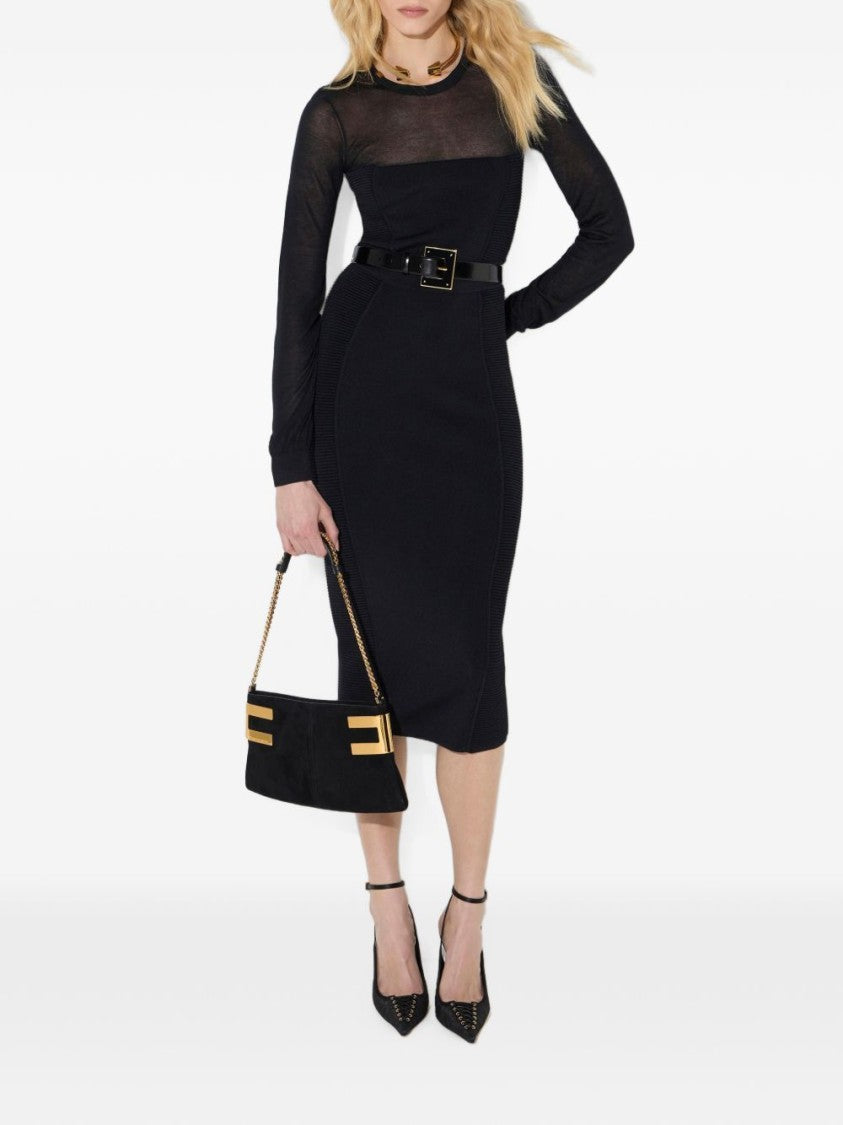 Elisabetta Franchi Fitted Black Midi Dress With Sheer Sleeves And Ribbed Panels
