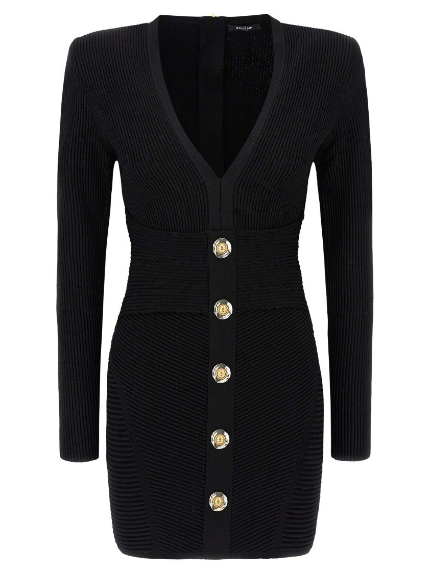 Balmain Deep V-Neck Bodycon Dress With Decorative Gold Tone Buttons