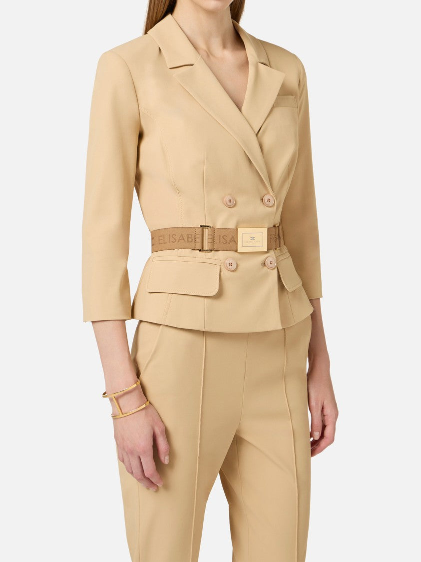 Elisabetta Franchi Double-Breasted Tailored Belted Neutral Jacket