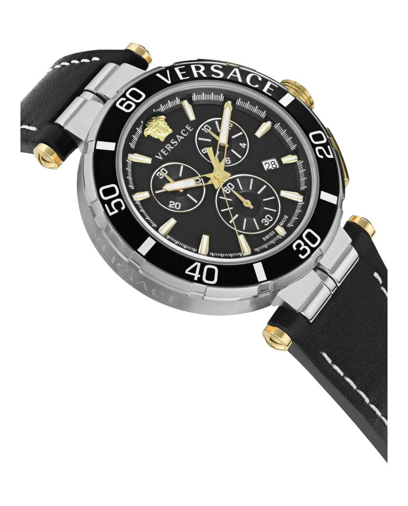 Versace Greca Chrono 45Mm Stainless Steel Watch With Black Dial And Leather Strap