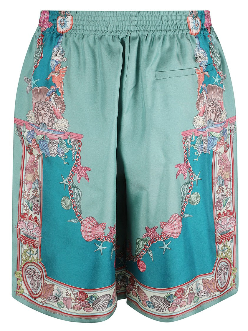 Versace Teal Blue Shorts With Coral Theatre Motif