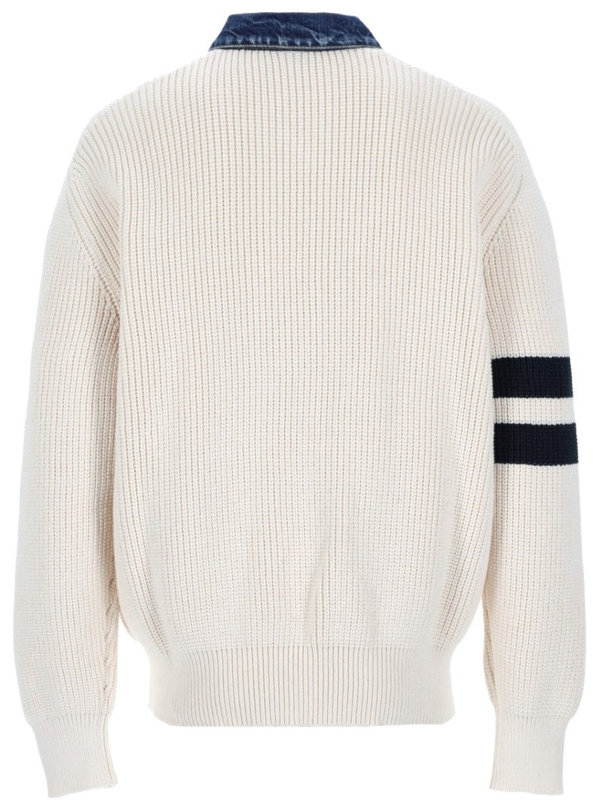 Dsquared2 Neutrals Ribbed Denim Collar Cotton-Blend Cardigan