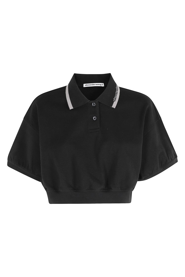 Alexander Wang Black Relaxed Cropped Cinched Logo Cotton-Blend Polo Shirt