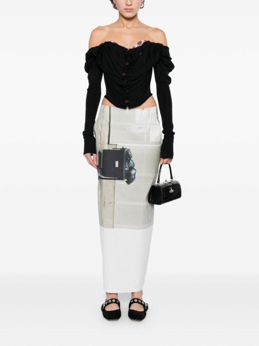 Vivienne Westwood Black Ruched Square Neck Logo Top