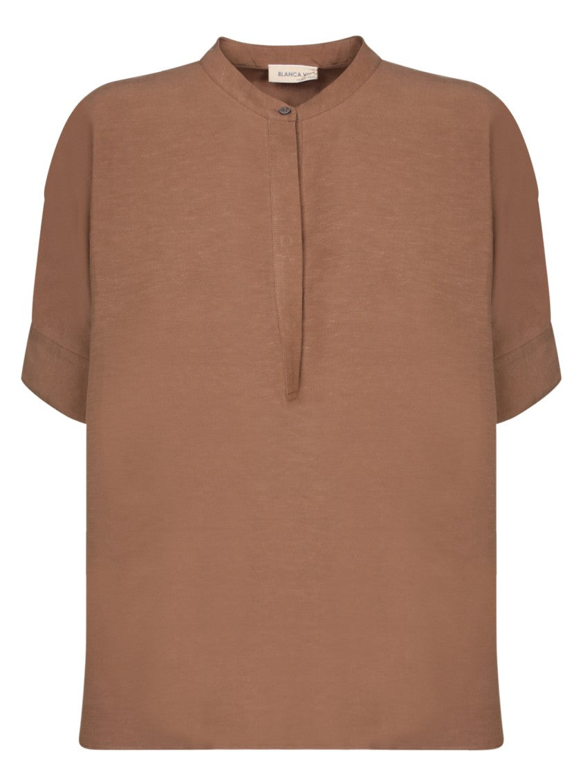 Blanca Vita Mandarin Collar Blouse With Two-Button Closure And Short Sleeves