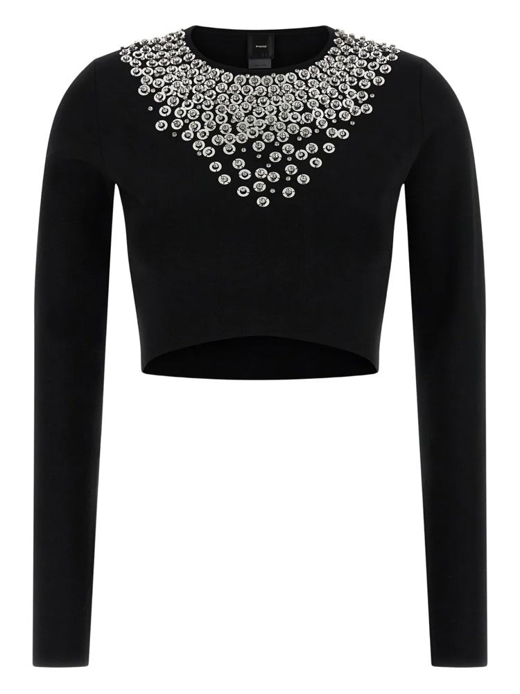 Pinko Cropped Fitted Sweater With Embellished Neckline