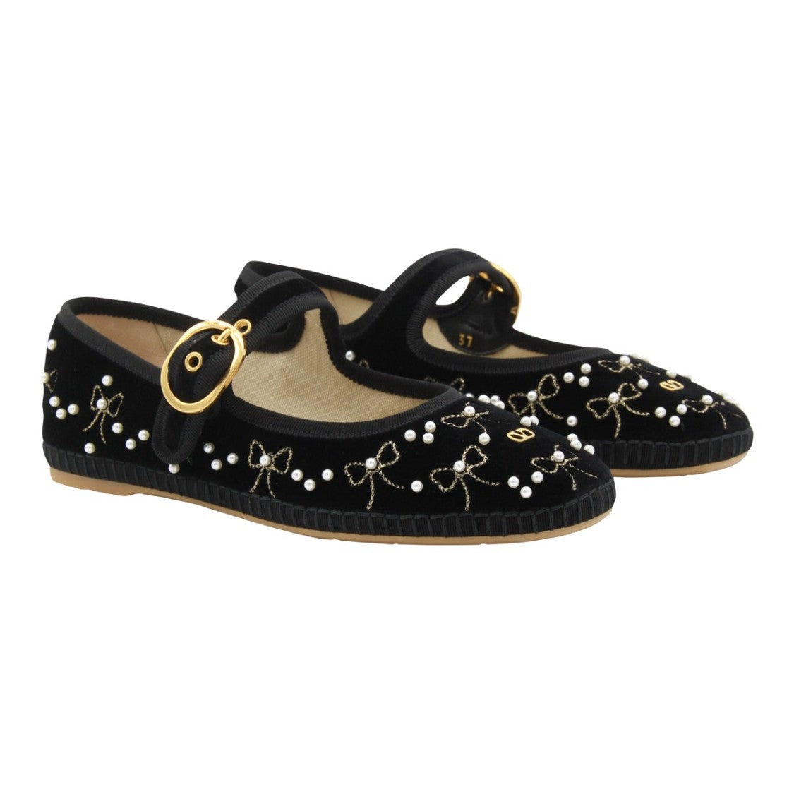 Valentino Garavani Embellished Black Velvet Flats With Pearl Details