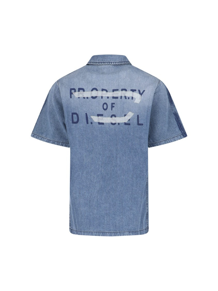 Diesel Short-Sleeved Denim Shirt With Classic Collar And Bold Back Print