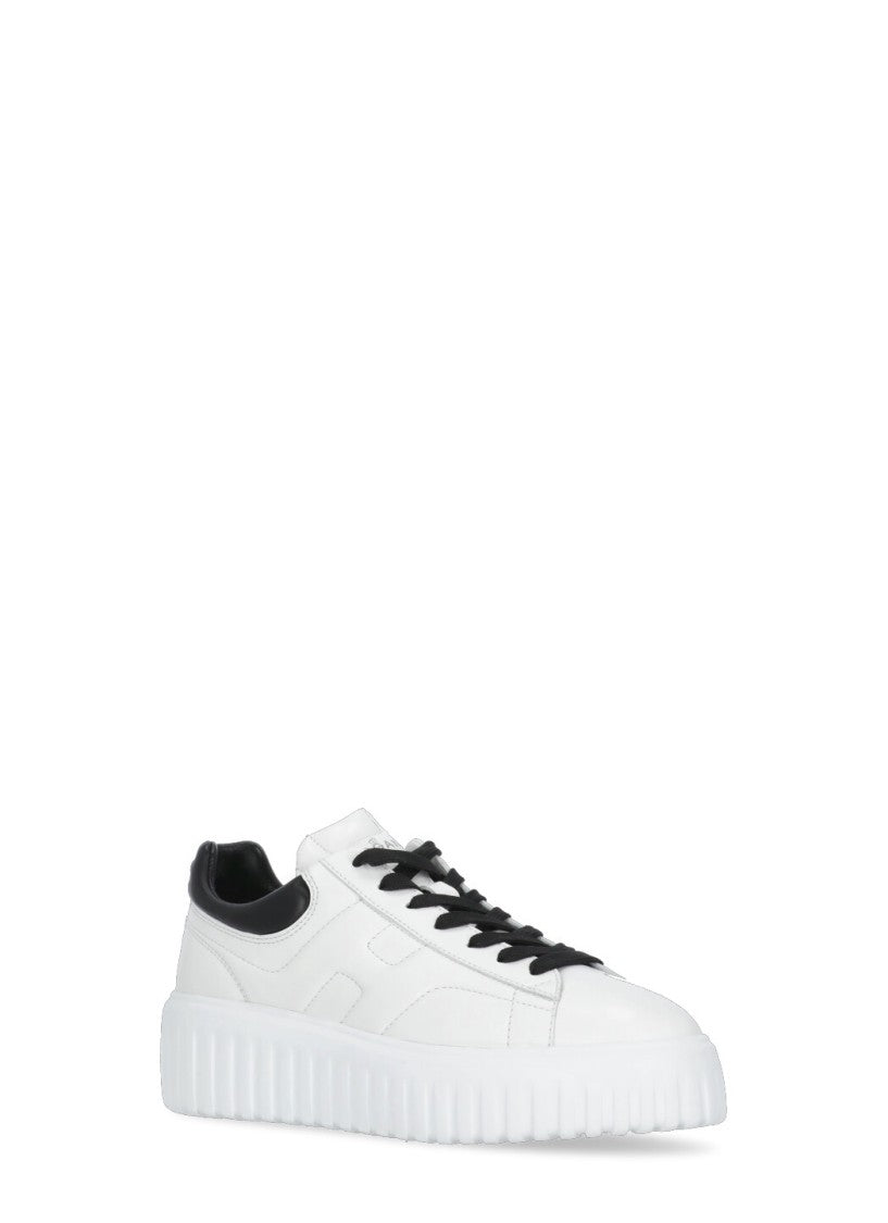 Hogan White Iconic H Accent Round Toe Leather Sneakers