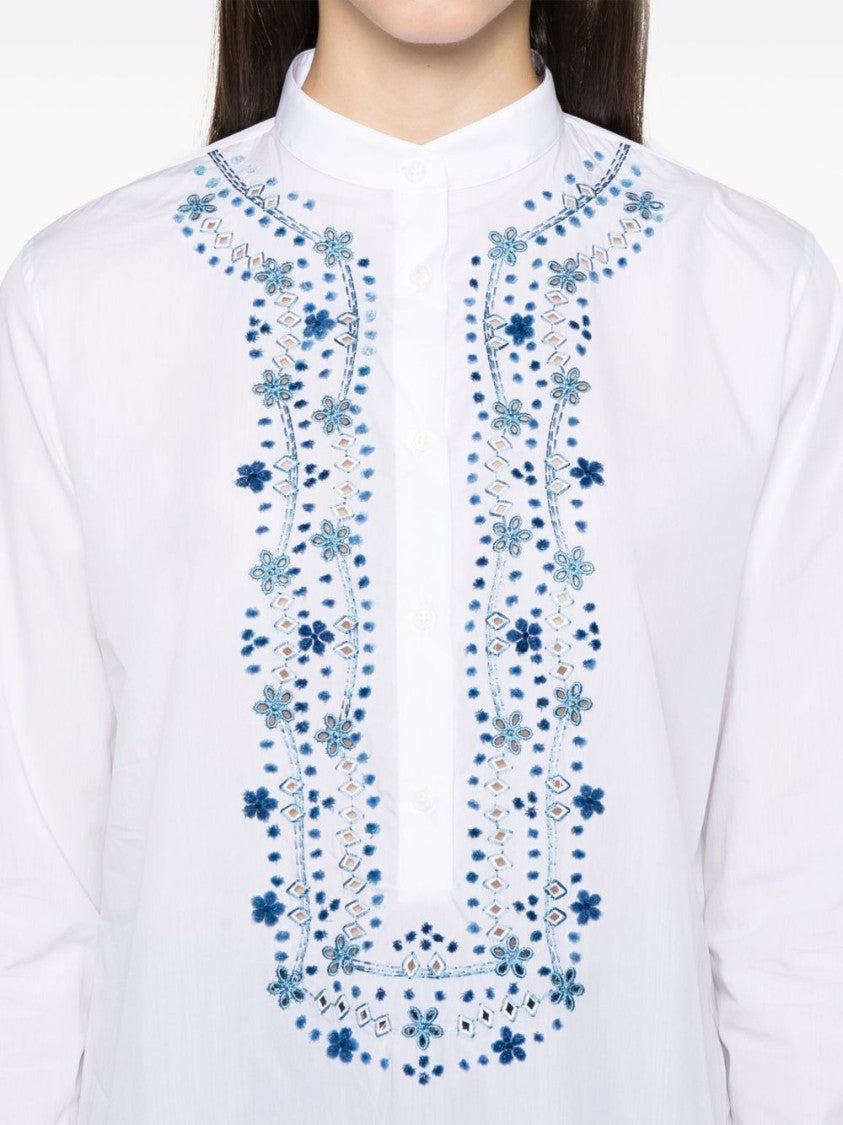 Ermanno Scervino Intricate Blue Floral Embroidered White Shirt