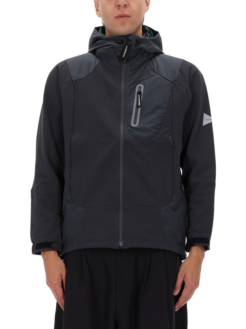 And Wander Black Nylon Panel Hooded Jacket