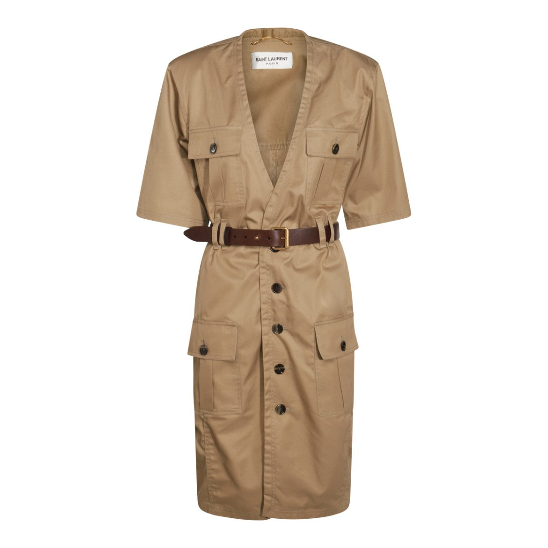 Saint Laurent Beige Midi Dress With V-Neckline And Utility Details