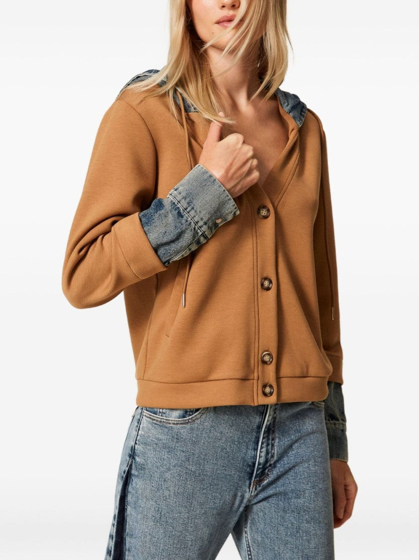 Twinset U&B Camel Mixed-Material Sweater With Denim Accents