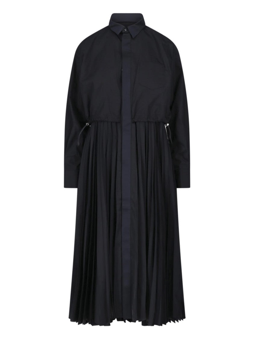 Sacai Pleated Black Midi Dress With Classic Collar