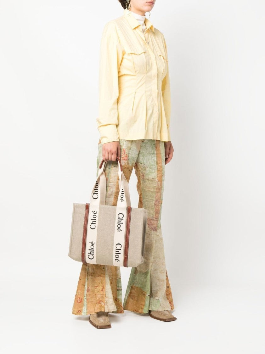 Chloé Beige Woody Medium Linen Tote Bag