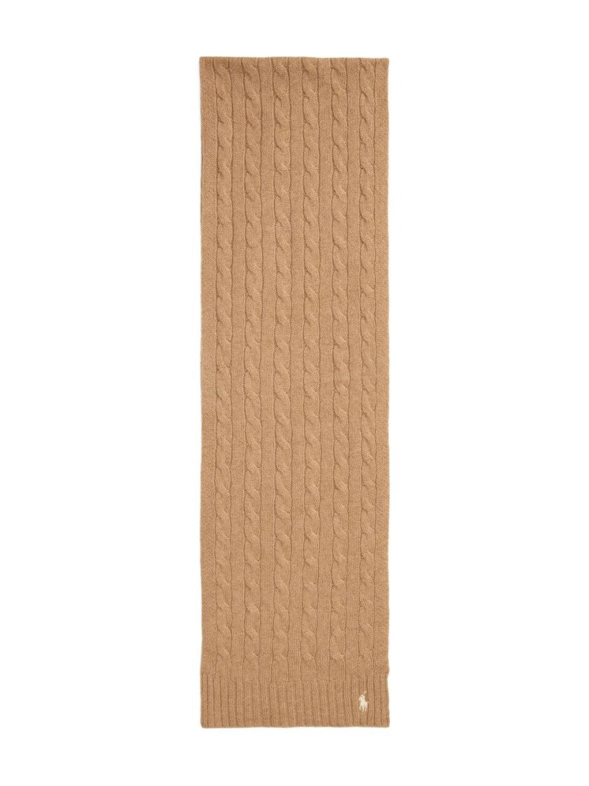 Polo Ralph Lauren Cable-Knit Camel Scarf With Ribbed Edges