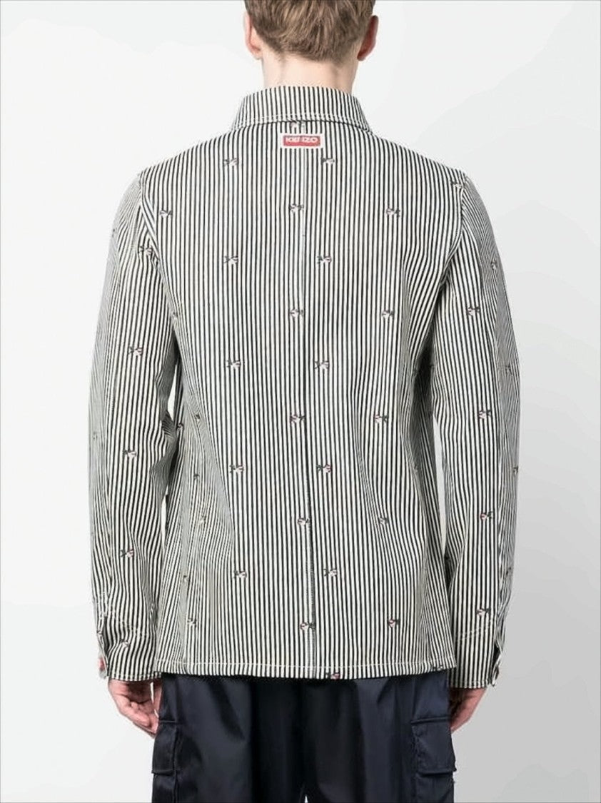 Kenzo Vertical Striped Cotton Jacket With Floral Embroidery