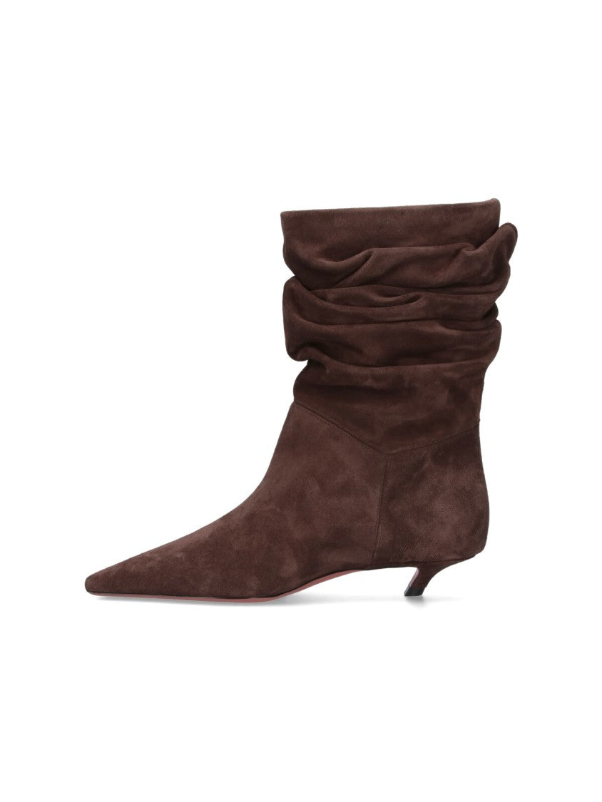 Amina Muaddi Ruched Dark Brown Suede Ankle Boots
