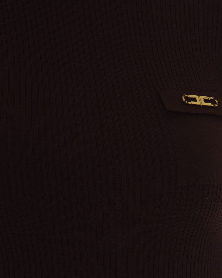 Elisabetta Franchi Burgundy Ribbed Knit Dress With Pocket